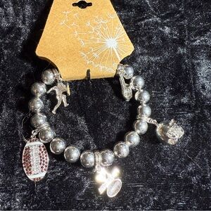Silver Sports Theme Crystal‎ Deco Football Charm Stretchable Bangle Bracelet
